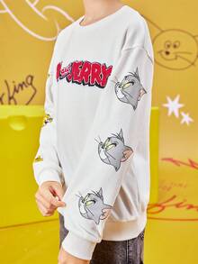 TOM & JERRY X SHEIN 1pc Tween Boy Cartoon Print Drop Shoulder Oversized Sweatshirt In White - White - View 7