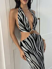 Aloruh 女款優雅性感垂領側綁帶洋裝 - 藏蓝色 - 查看 4