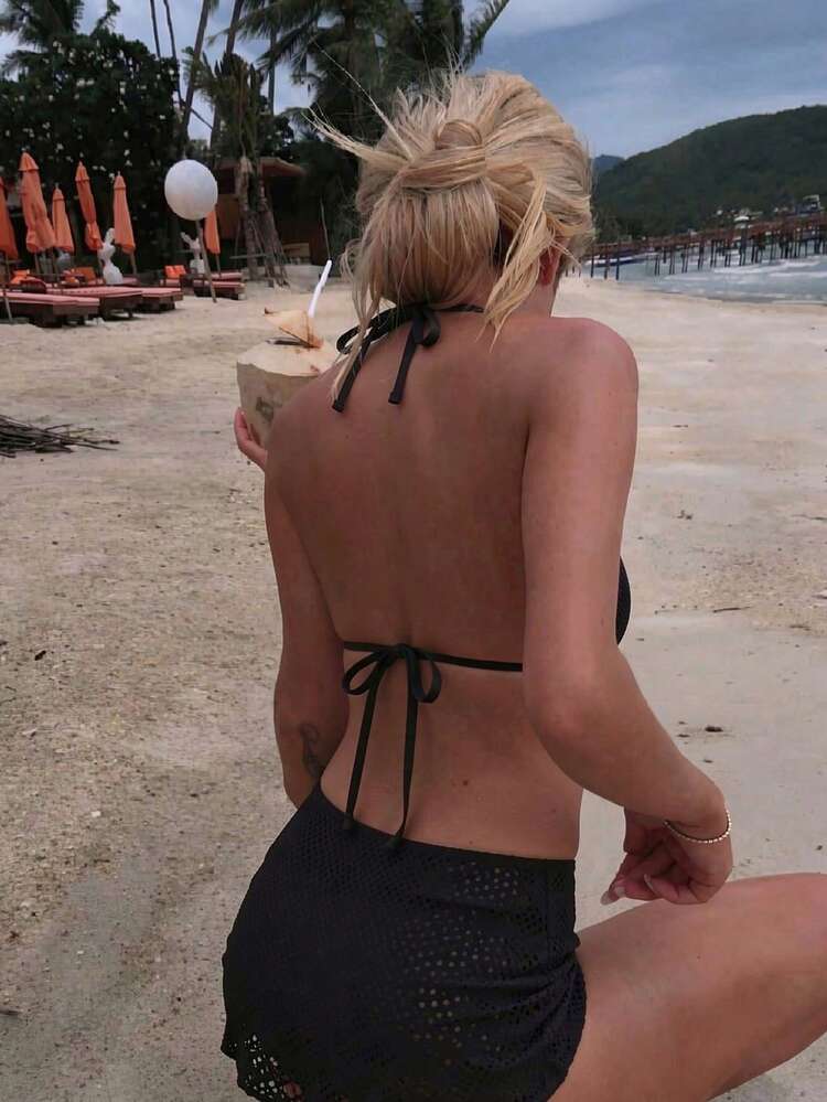 Swim SXY 3pcs Knitted Jacquard Fabric Halter Neck Tie Metal Pendant Bikini Cover-Up And Mini Skirt Set - Black - View 2