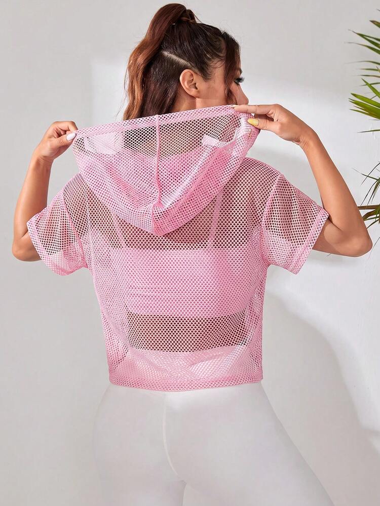 SHEIN Dewbera Women's Solid Color Short Sleeve Drawstring Hooded Loose Fit Sports Sweatshirt - Pink - View 2