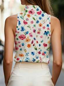SHEIN Franclia 女款休閒波西米亞優雅無袖白色花卉印花V領上衣背心，波點復古日常早午餐度假夏季花卉風 - 杏色 - 查看 2