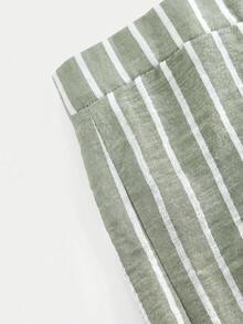 SHEIN Girlism 青少年女孩背心套裝 春/夏新款 清新綠色與白色條紋梭織無袖上衣與長褲套裝，金屬鈕扣開合，優雅復古通勤穿搭，休閒度假、外出、購物、派對 - 綠色 - 查看 5