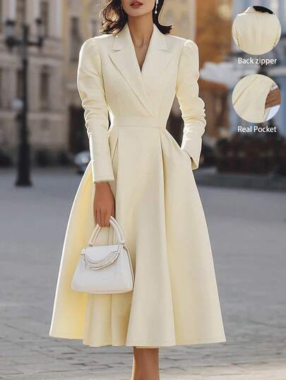 SHEIN Women's Blazer Dress, French Elegant V-Neck, Waist-Flattering, Slimming, High-Quality Texture, Banquet Evening Gown, Long Sleeve, Mid-Length, Lapel Collar, European And American Style