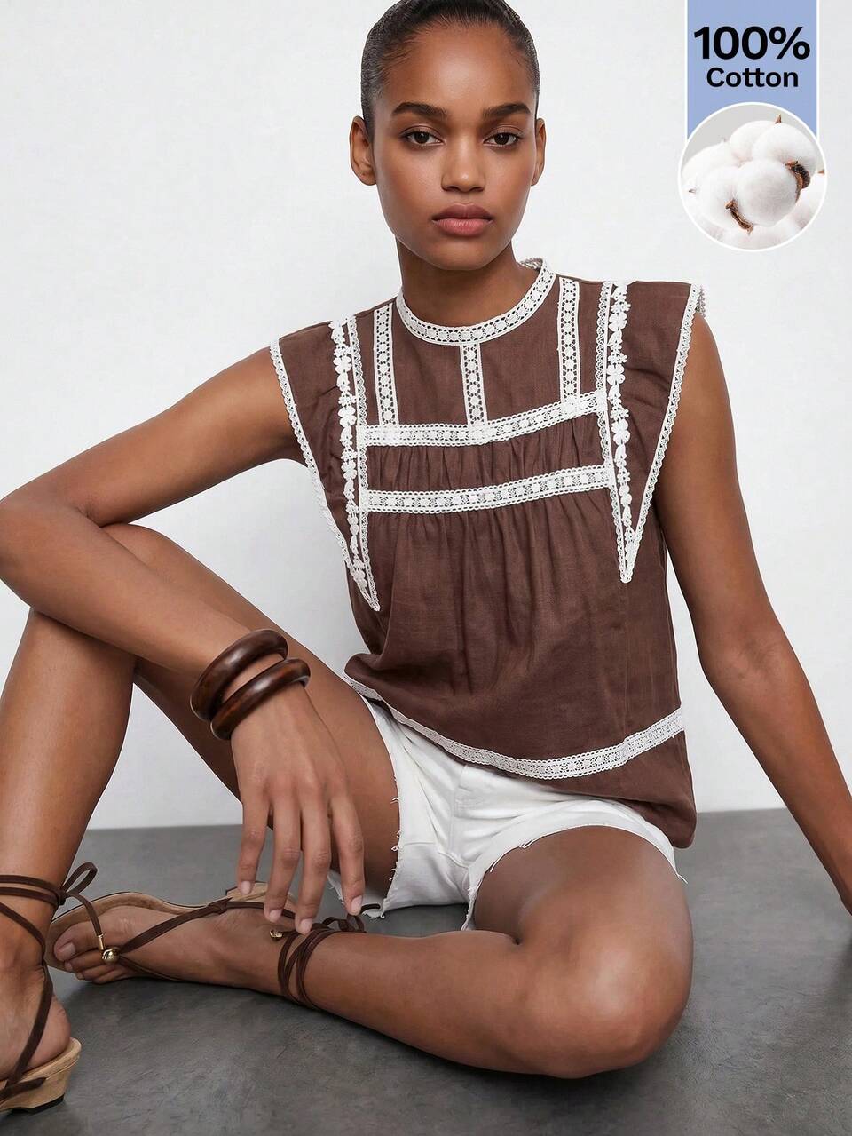 SHEIN Maija Brown Round Neck Sleeveless Women's Blouse, Lace Patchwork, Summer Comfortable Casual Vacation