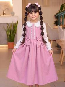 SHEIN Young Girl 3D蝴蝶結裝飾蕾絲拼接洋裝 - 粉色 - 查看 4
