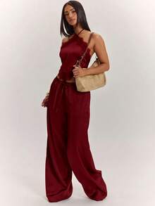 SHEIN BAE 女款純色對比蕾絲掛脖背心與長褲優雅套裝 - 酒紅色 - 查看 3