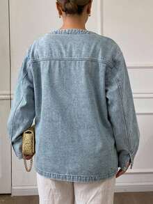Dazy Plus Jaket Denim Kasual Vintage Wanita Ukuran Plus dengan Tali Pengikat, Model Longgar, Gaya Blogger, Musim Semi/Musim Gugur - Light Wash - View 2
