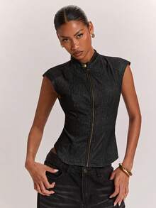 SHEIN BAE Women'S Fashion Versatile Button & Zipper Waist-Cinching Denim Top Going Out Tops Autumn Outfit - Black - View 5