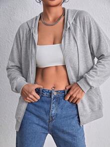 SHEIN EZwear 拉鍊式插肩袖抽繩運動衫，秋冬長袖上衣，淺灰色女款運動衫 - 淺灰色 - 查看 5
