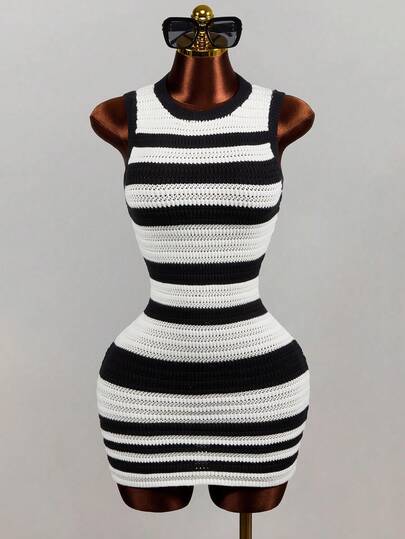 Mistrie Women's Sweater Dress, Black And White Stripes, Casual, Fashionable, Elegant, Daily Commuting, Knitt