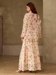 MOTF PREMIUM FLORAL POLKA DOT PRINT TIE NECK LANTERN SLEEVE TOP & TIERED HEM SKIRT SET - Apricot - View 3