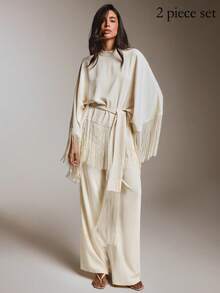 COSMINA Women's Casual Elegant Tassel Patchwork Shirt And Pants Set For Occasions - White - View 3