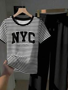 SHEIN EZwear 女款字母條紋拼色印花圓領短袖T恤與抽繩腰口袋長褲兩件套 - 彩色 - 查看 5