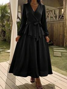 DAZY Women's Elegant Solid Color V-Neck Belted Shirt And A-Line Skirt 2-Piece Set, Spring/Summer - Black - View 8