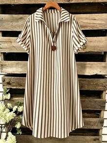 EMERY ROSE New V-Neck Striped Loose Casual Long Button-Down Women's Dress - Khaki - View 3