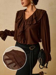 Travachic Plus Size Women's Chiffon Printed Long Sleeve Shirt, Leopard Print Ruffle Blouse - Brown - View 1