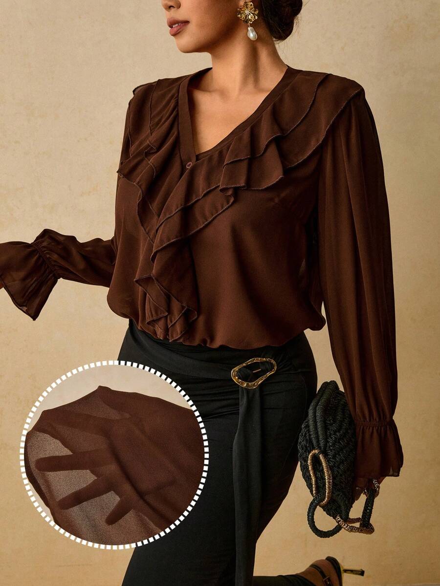Travachic Plus Size Women's Chiffon Printed Long Sleeve Shirt, Leopard Print Ruffle Blouse - Brown - View 1