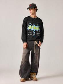 Strevion Men's Casual Batman Blue Flame Print Graphic Crew Neck Long Sleeve Sweatshirt, Spring/Autumn - Black - View 6