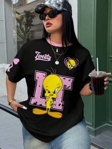 LOONEY TUNES X SHEIN Kaos Lengan Pendek Kasual Harian Wanita Ukuran Besar dengan Motif Kartun - Putih - View 7
