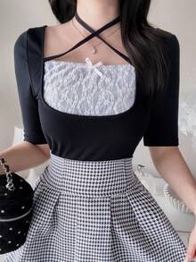FRIFUL 2-In-1 Faux Layered Contrast Color Ruched Tie-Front Slim Fit Casual Versatile T-Shirt - Black - View 5