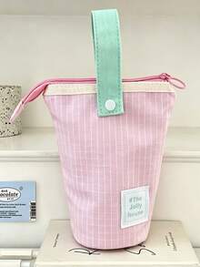 Kawaii Pastel Color Block Standing Canvas Pencil Case, Large Capacity Foldable Vertical Pen Bag With Hand Strap Zipper, Cute Aesthetic Stationery Organizer For Teen Girls Student Back To School Makeup Storage Pouch - multicolor - View 14