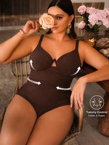 Shapewave Plus Size Women Solid Color Special Fabric Spaghetti Strap Underwire One-Piece Swimsuit Beach Party Summer Brown Sexy Elegant Modest - Brown - View 8