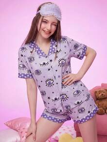 Notgurli Women's Fun Print Open Front Short Sleeve Shorts Pajama Loungewear Set - Multicolor - View 6