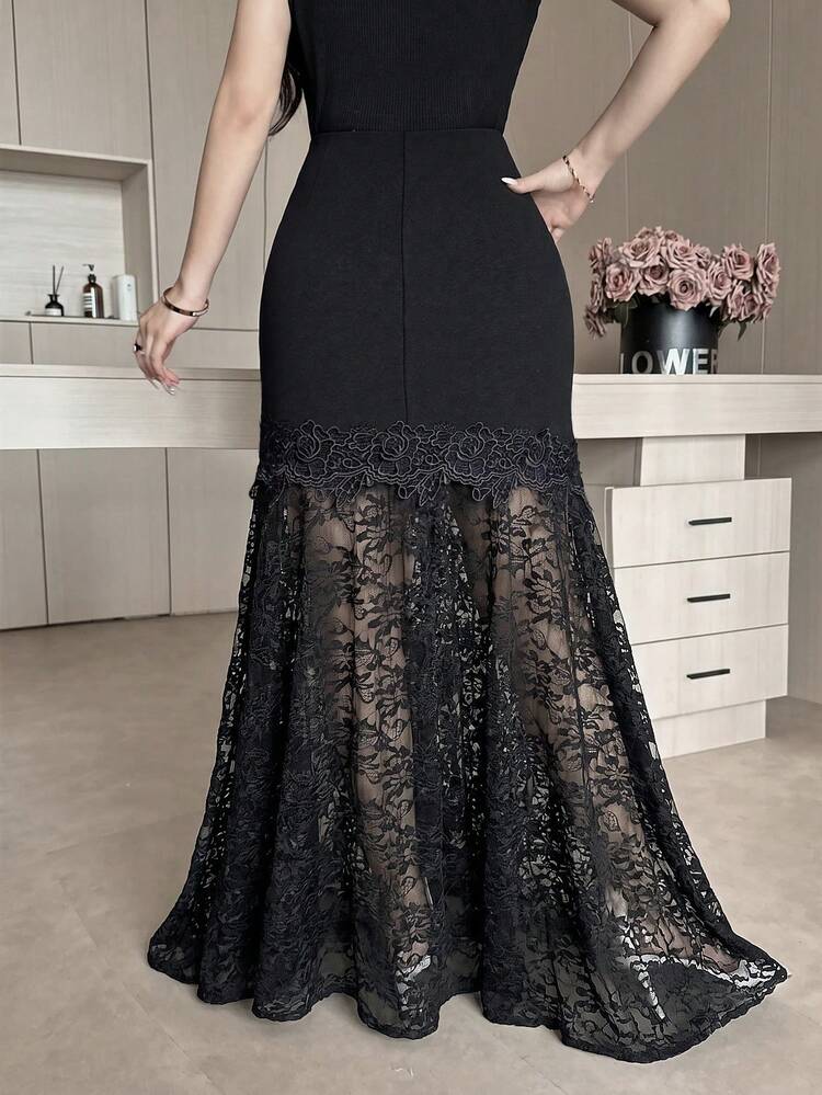 Feyla Women's Elegant Solid Color Lace Patchwork Skirt - Black - View 2