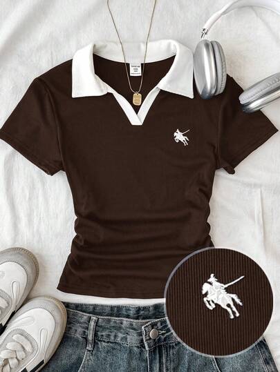 SHEIN Teen Girls Brown And White Collar Knit Casual Color Block Patchwork Fitted Waist T-Shirt Top With Small Logo Embroidery