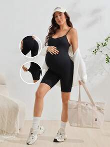 SHEIN Suprenx Maternity High Waist Elastic Belly Support Shorts, With Expandable Belly Panel, Yoga Activewear, Christmas Edition, For Mom Gym Going - Black - View 1