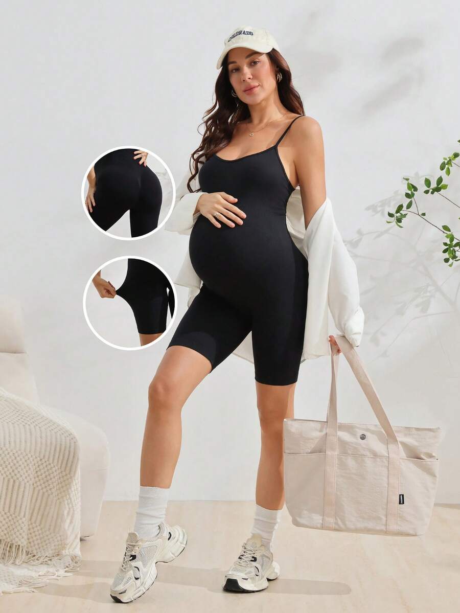 SHEIN Suprenx Maternity High Waist Elastic Belly Support Shorts, With Expandable Belly Panel, Yoga Activewear, Christmas Edition, For Mom Gym Going - Black - View 1