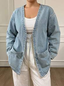 Dazy Plus Jaket Denim Kasual Vintage Wanita Ukuran Plus dengan Tali Pengikat, Model Longgar, Gaya Blogger, Musim Semi/Musim Gugur - Light Wash - View 5