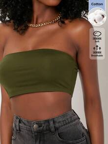 SHEIN BASICS 女款純色休閒日常穿搭抹胸上衣 - 軍綠色 - 查看 7
