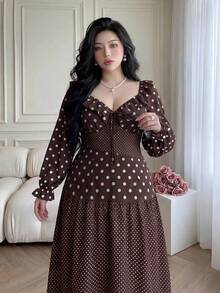 Vibekara Plus Size Women's Halloween Polka Dot Print Ruffle Front Tie Elegant Dress Fall - Multicolor - View 4
