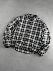 ROMWE MEN Men's Printed Plaid Loose Long Sleeve Shirt - Black and White - View 1