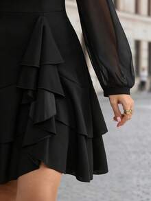 Velvienne Black Deep V-Neck Chiffon Puff Sleeve Ruffle Short Dress, High Waist Ultra Short A-Line Mini Dress, Asymmetrical Multi-Layer Ruffle Structure: Side Waist 3D Stacked Large Wave Pleats, Asymmetrical Staggered Ruffle Hem, Layered Lace Dynamic And Flowing, Enhances Hips And Lengthens Legs Visually. Plus Size Dress - Black - View 8