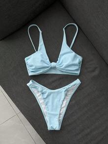Swim Mod Spring/Summer New Milk Yellow Twisted Knot Two Pieces Bikini Set, Sweet Girl Beach Casual Vacation Swimsuit - Baby Blue - View 5