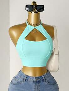 BamGleam Women Sleeveless Solid Color Spaghetti Strap Backless Hollow Ribbed Cropped Tank Top - Baby Blue - View 5