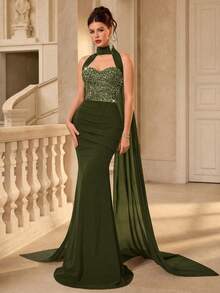 Coutiva Women's Formal Evening Sequin Patchwork Mermaid Halter Neck Dress - Olive Green - View 1