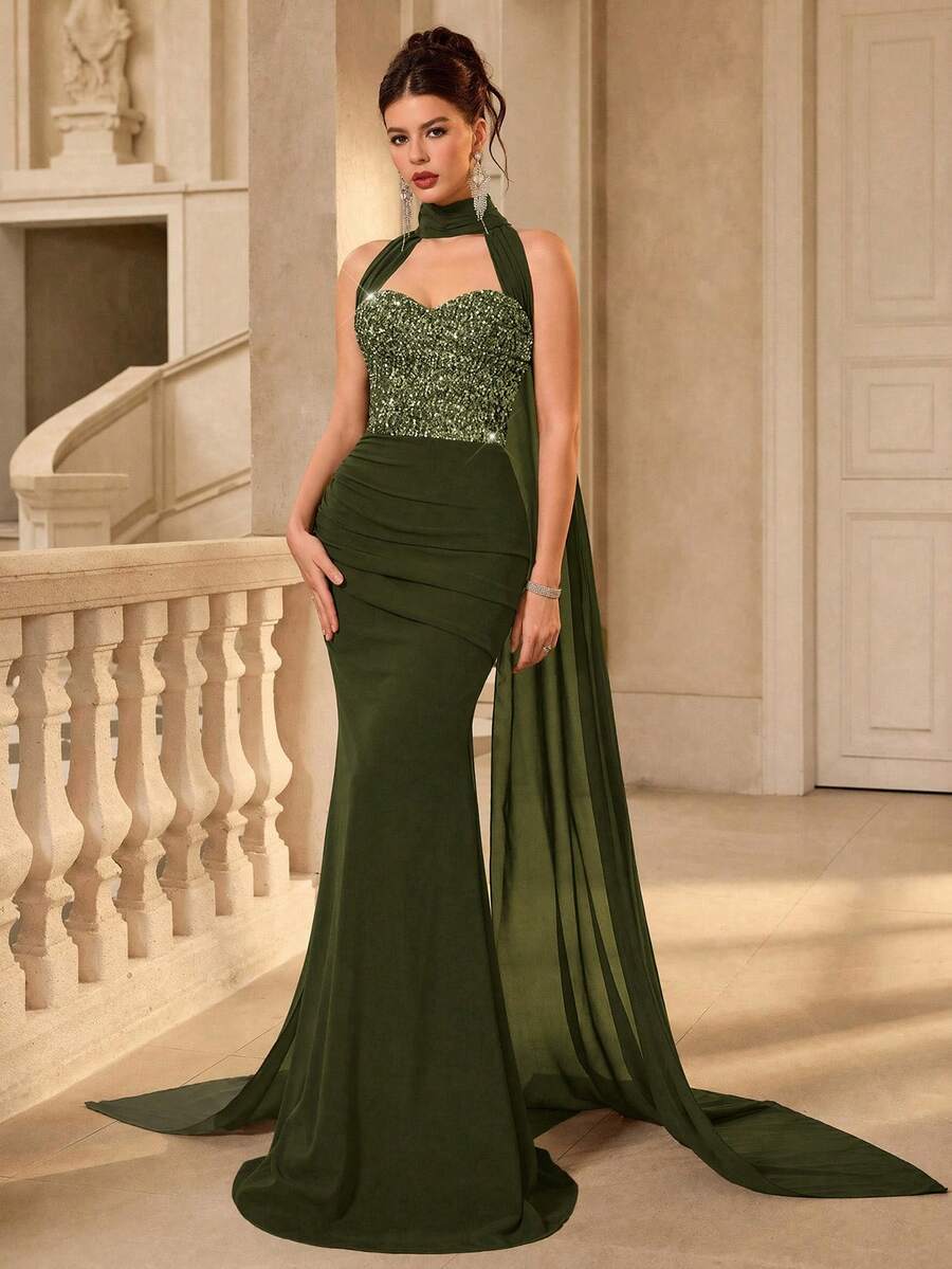 Coutiva Women's Formal Evening Sequin Patchwork Mermaid Halter Neck Dress - Olive Green - View 1