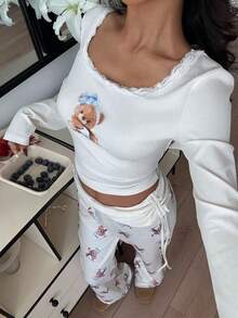 ZzzCrew 熊纹印花性感蕾丝边方领长袖睡衣套装 - 杏色 - 查看 7