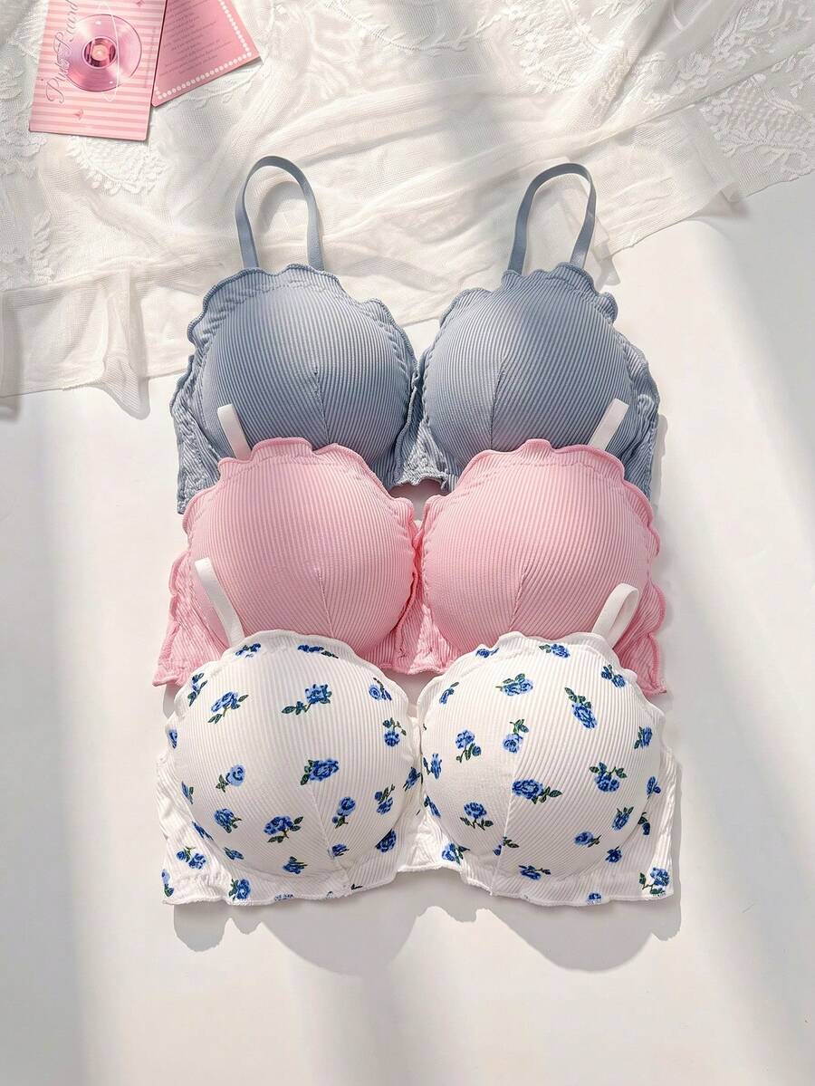 PetitDoll 3件套可爱印花交叉后背无钢圈文胸，女士 - 彩色 - 查看 1