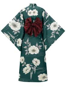 Irokai 日式傳統夏季女款兩件式浴衣和服，花卉印花（不含腰帶） - 綠色 - 查看 2