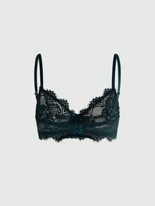 ROMWE Goth Floral Lace Eyelash Trim Underwire Triangle Cup Bra - Dark Green - View 2