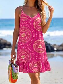SHEIN LUNE Vestido camisola mini con estampado y volantes en el bajo para mujer - Multicolor - Ver 5