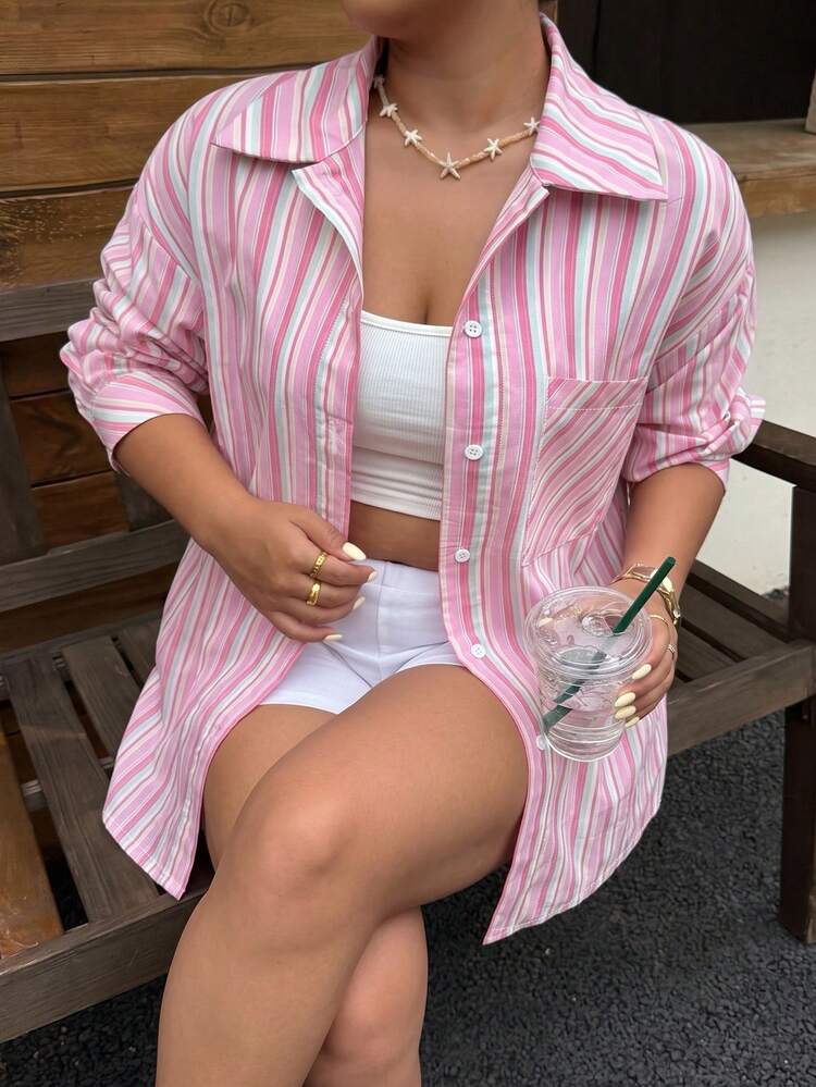 Muchica Plus Size Women's Striped Single-Breasted Casual Daily Wear Shirt - Pink - View 4