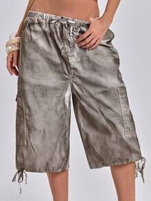 ACID BLVD 女款夏季寬鬆復古水洗做舊色工裝牛仔短褲 - 卡其色 - 查看 8