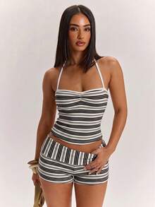SHEIN BAE Women's Summer White & Gray Striped Casual Camisole Tank Top, Suitable For Daily Wear, Summer Vacation, Versatile Fashion Camisole, Summer Top, Striped Tank Top, Colorblock Top - Black - View 3