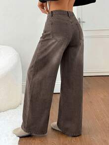 SHEIN PETITE 女款直筒寬鬆休閒百搭牛仔褲，附口袋，牛仔女郎造型，灰色，適合萬聖節、返校季、秋季日間度假穿搭 - 棕色 - 查看 2