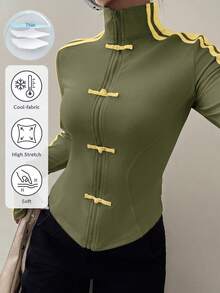 Muchica Army Green Spring/Summer New Women's Knit Sporty Style Ribbon & Button Design Sun Protection Thin Jacket - Army Green - View 6